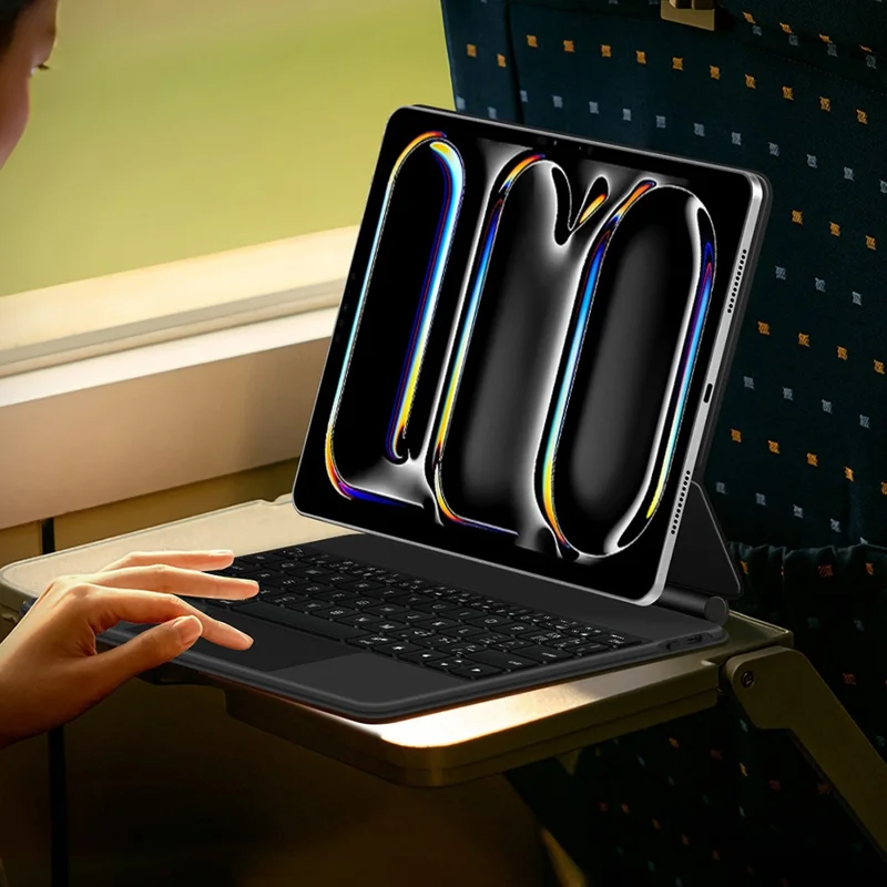 Für iPad Pro 11 (2024) Schwebende magnetische Bluetooth-kompatible Tastatur (Französisch) + Leder Tablet Hülle - Schwarz