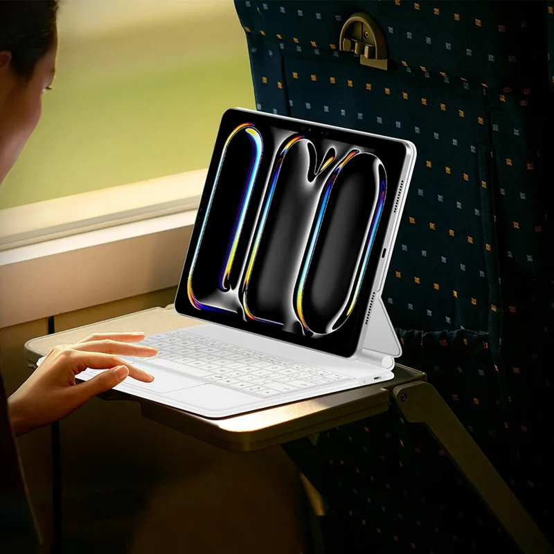 Для iPad Pro 11 (2024) магнитная плавающая клавиатура с поддержкой Bluetooth (на португальском) + кожаный чехол для планшета - белый