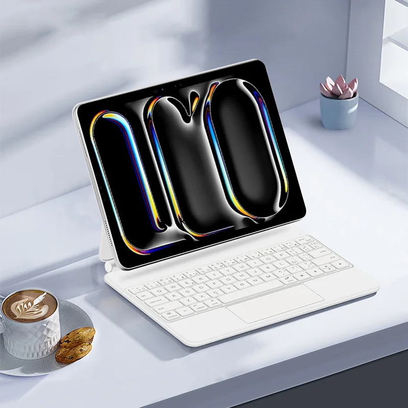 For iPad Pro 11 (2025) / 11 (2024) Magnetic Floating Bluetooth-Compatible Keyboard (Spanish) + Leather Tablet Case - White