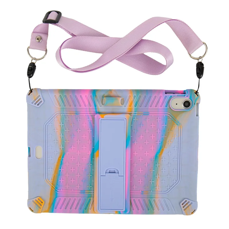 For iPad (2025) / 10.9 (2022) Case PC Kickstand Silicone Tablet Cover with Shoulder Strap - Colorful Purple