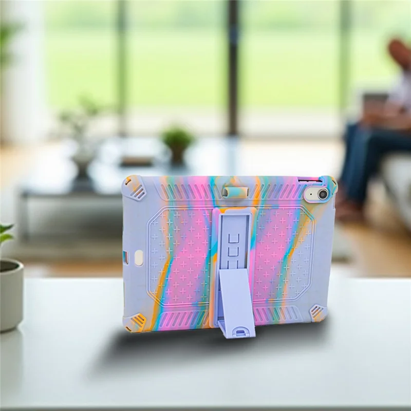 For iPad (2025) / 10.9 (2022) Case PC Kickstand Silicone Tablet Cover with Shoulder Strap - Colorful Purple