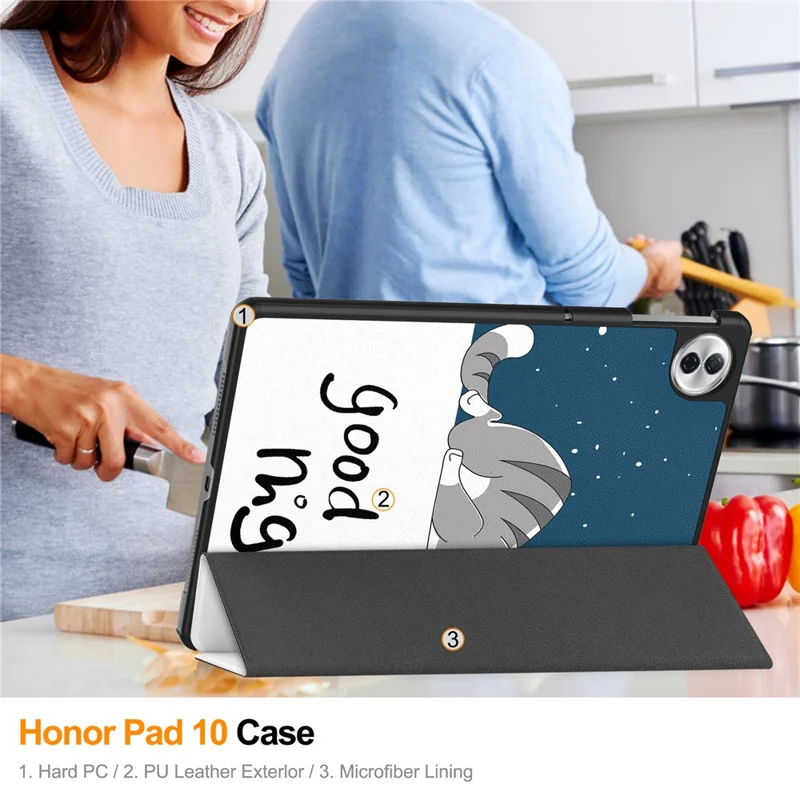 Étui pour tablette Honor Pad 10 avec motif imprimé et support en cuir - Chat