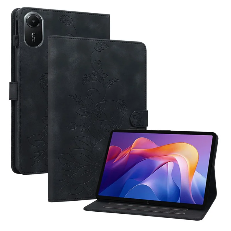For Xiaomi Redmi Pad 2 11 Case Lily Flower Imprint Card Slots Leather Tablet Cover - Black