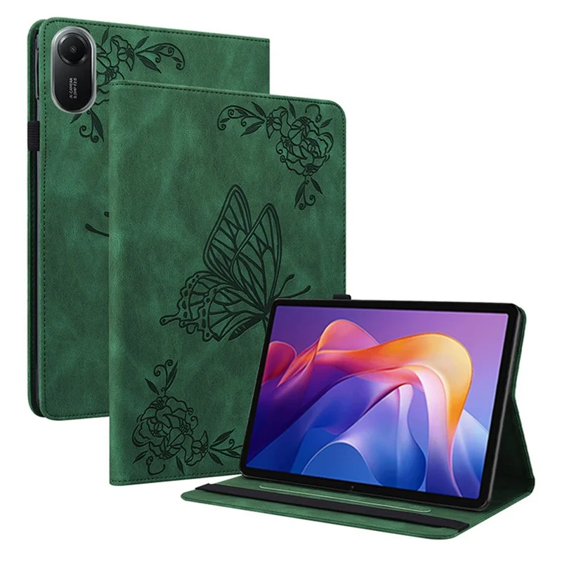 Capa para Xiaomi Redmi Pad 2 com Borboleta e Flor Impressa em Couro PU com Compartimentos para Cartões - Verde
