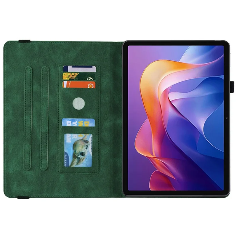 Capa para Xiaomi Redmi Pad 2 com Borboleta e Flor Impressa em Couro PU com Compartimentos para Cartões - Verde