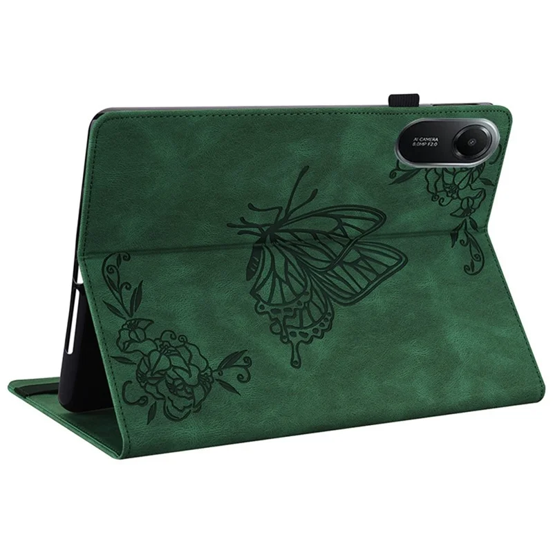 Capa para Xiaomi Redmi Pad 2 com Borboleta e Flor Impressa em Couro PU com Compartimentos para Cartões - Verde