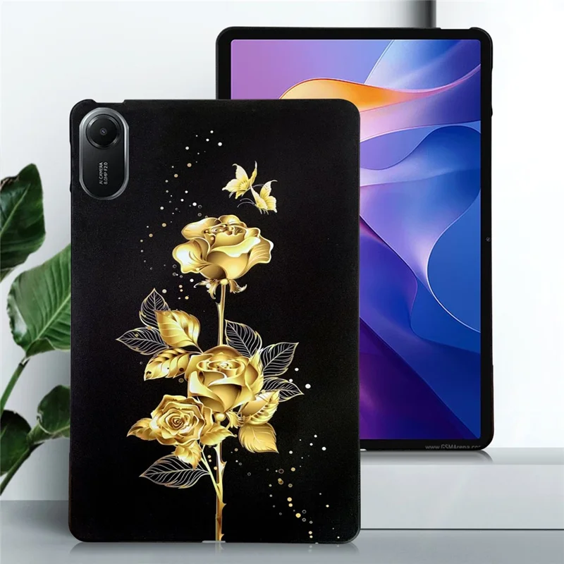For Xiaomi Redmi Pad 2 TPU Case Pattern Printing Slim Tablet Protective Cover - Golden Butterfly Rose