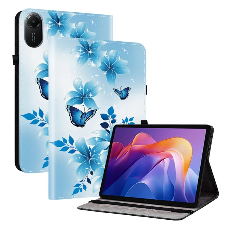 Capa de Couro para Xiaomi Redmi Pad 2 com Estampa de Borboleta Azul, Suporte e Compartimentos para Cartões