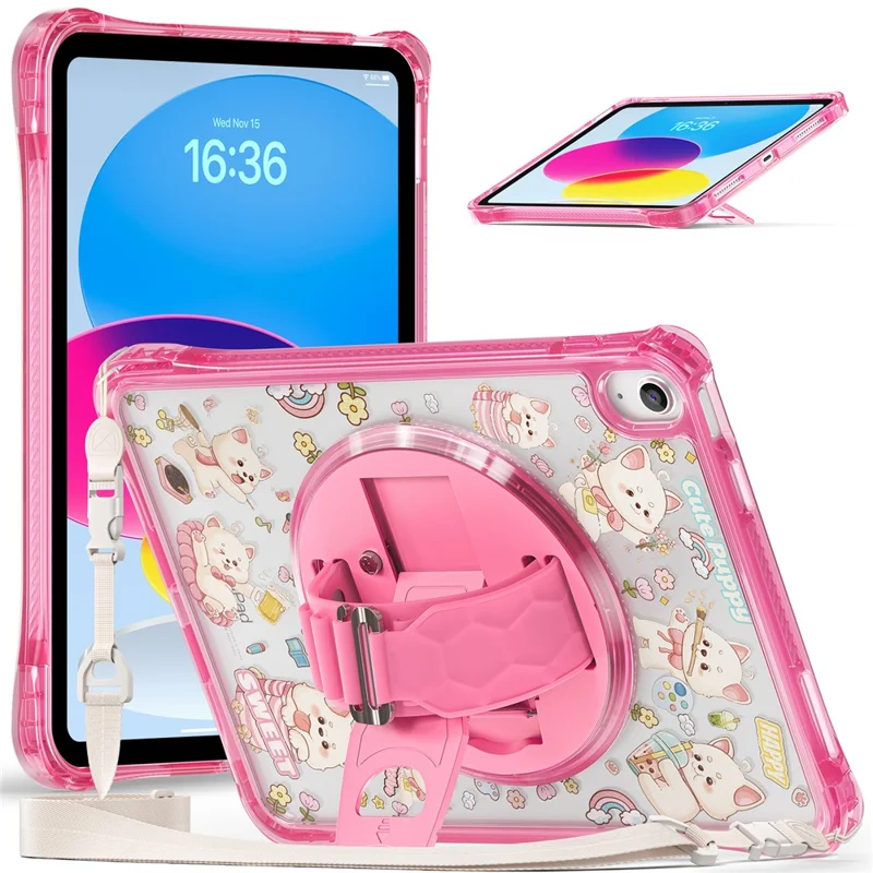 Étui pour iPad (2025) / 10.9 (2022) avec béquille, sangle de main, coque en PC et TPU avec impression acrylique et bandoulière - Rose