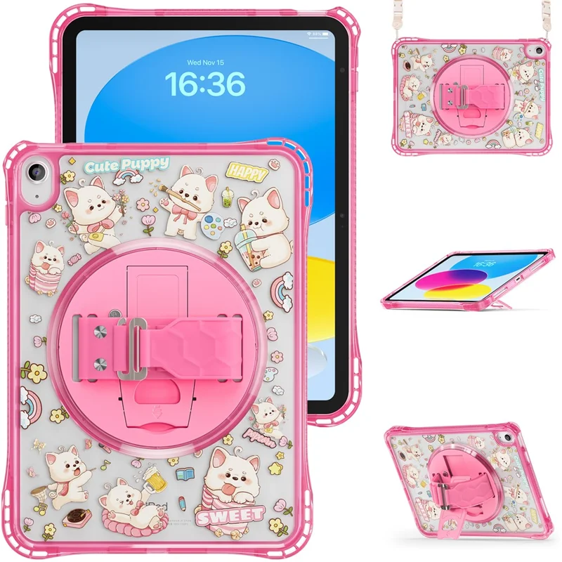 Étui pour iPad (2025) / 10.9 (2022) avec béquille, sangle de main, coque en PC et TPU avec impression acrylique et bandoulière - Rose
