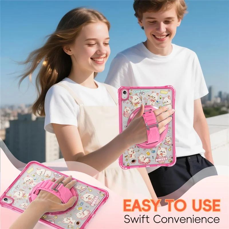 Étui pour iPad (2025) / 10.9 (2022) avec béquille, sangle de main, coque en PC et TPU avec impression acrylique et bandoulière - Rose
