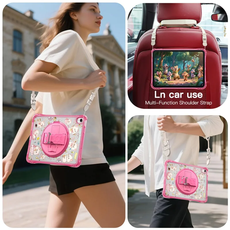 Étui pour iPad (2025) / 10.9 (2022) avec béquille, sangle de main, coque en PC et TPU avec impression acrylique et bandoulière - Rose