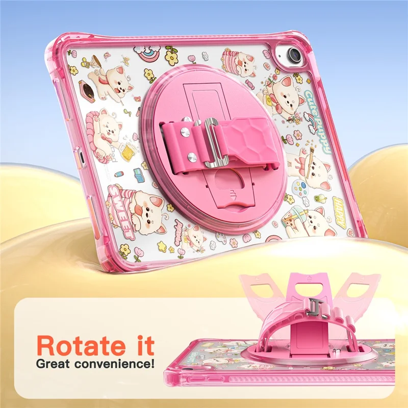 Étui pour iPad (2025) / 10.9 (2022) avec béquille, sangle de main, coque en PC et TPU avec impression acrylique et bandoulière - Rose