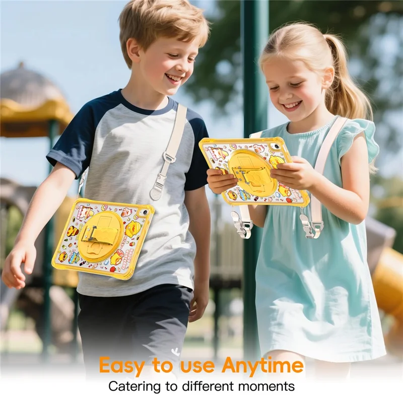 For iPad (2025)  /  10.9 (2022) Case Kickstand Hand Strap Imprint PC TPU Acrylic Cover with Shoulder Strap - Yellow