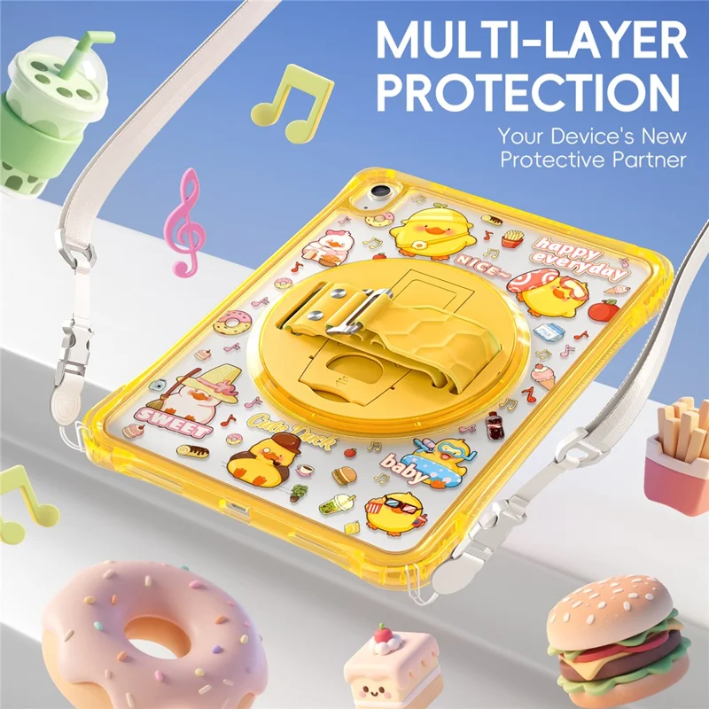 For iPad (2025)  /  10.9 (2022) Case Kickstand Hand Strap Imprint PC TPU Acrylic Cover with Shoulder Strap - Yellow