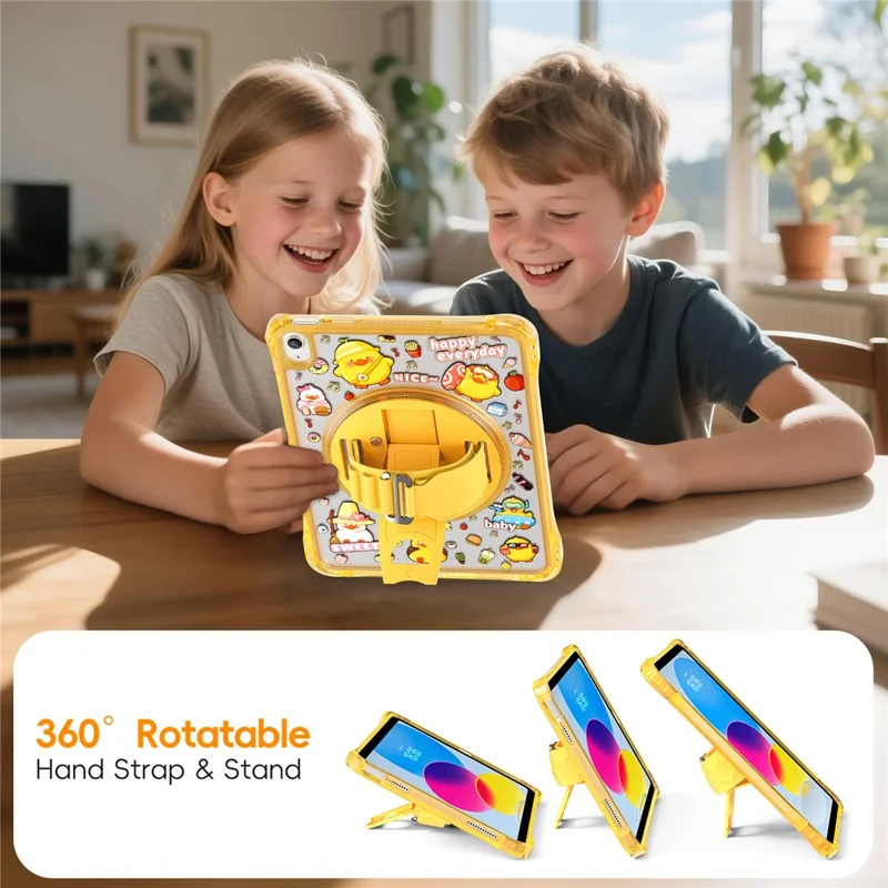 For iPad (2025)  /  10.9 (2022) Case Kickstand Hand Strap Imprint PC TPU Acrylic Cover with Shoulder Strap - Yellow