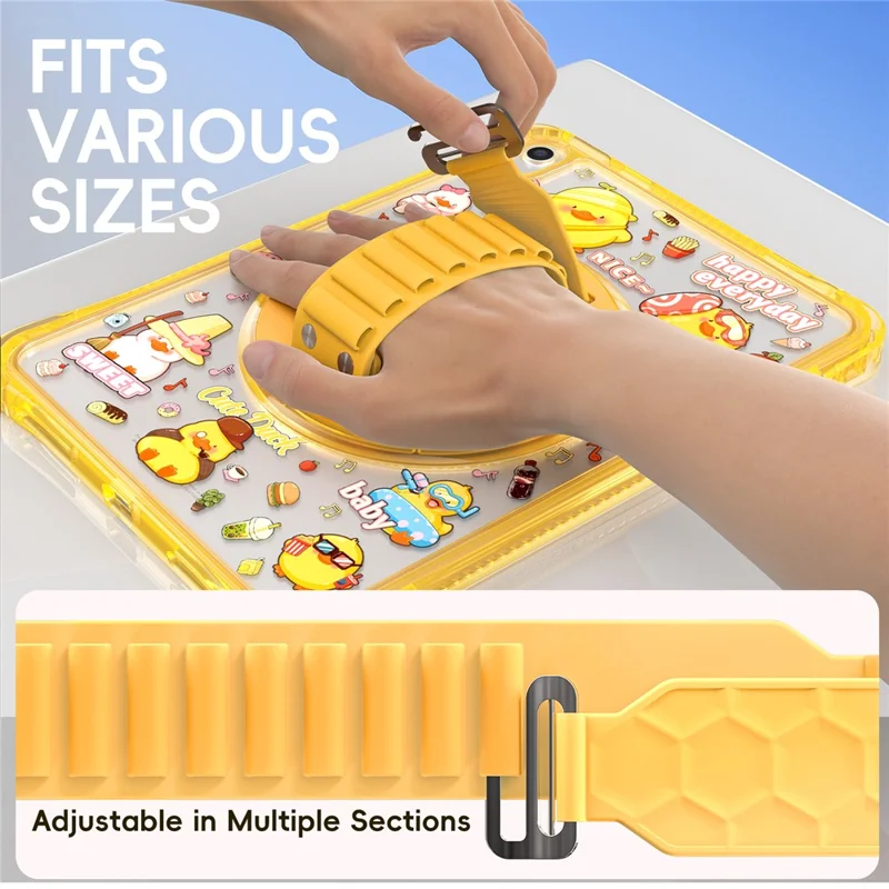 For iPad (2025)  /  10.9 (2022) Case Kickstand Hand Strap Imprint PC TPU Acrylic Cover with Shoulder Strap - Yellow