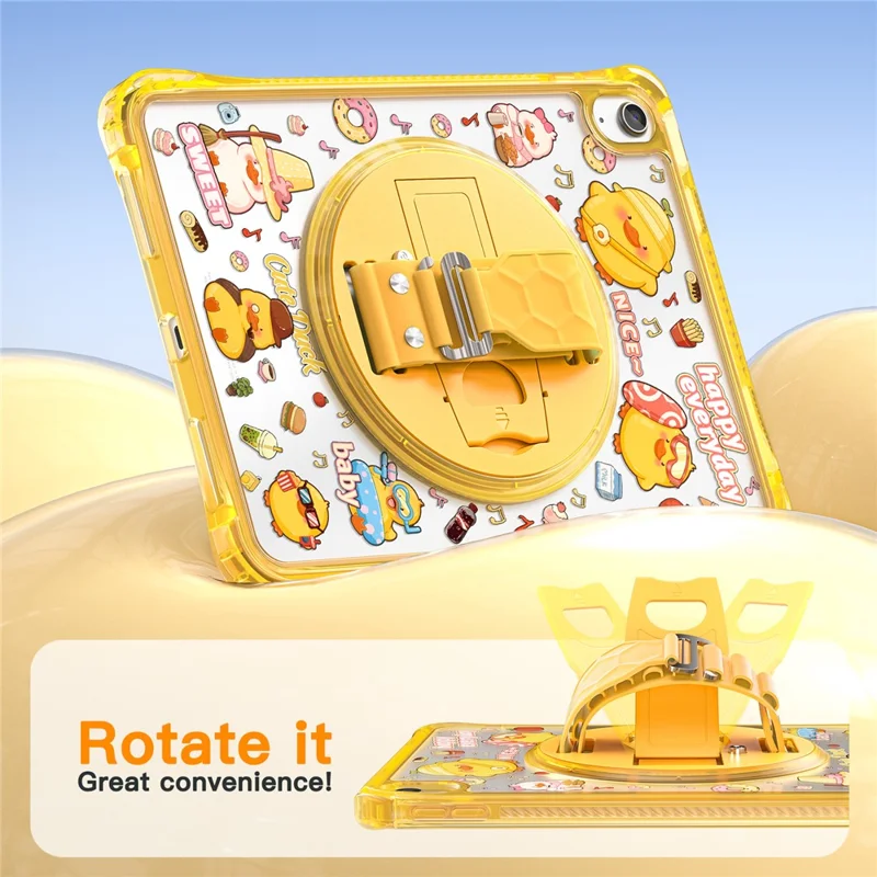 For iPad (2025)  /  10.9 (2022) Case Kickstand Hand Strap Imprint PC TPU Acrylic Cover with Shoulder Strap - Yellow