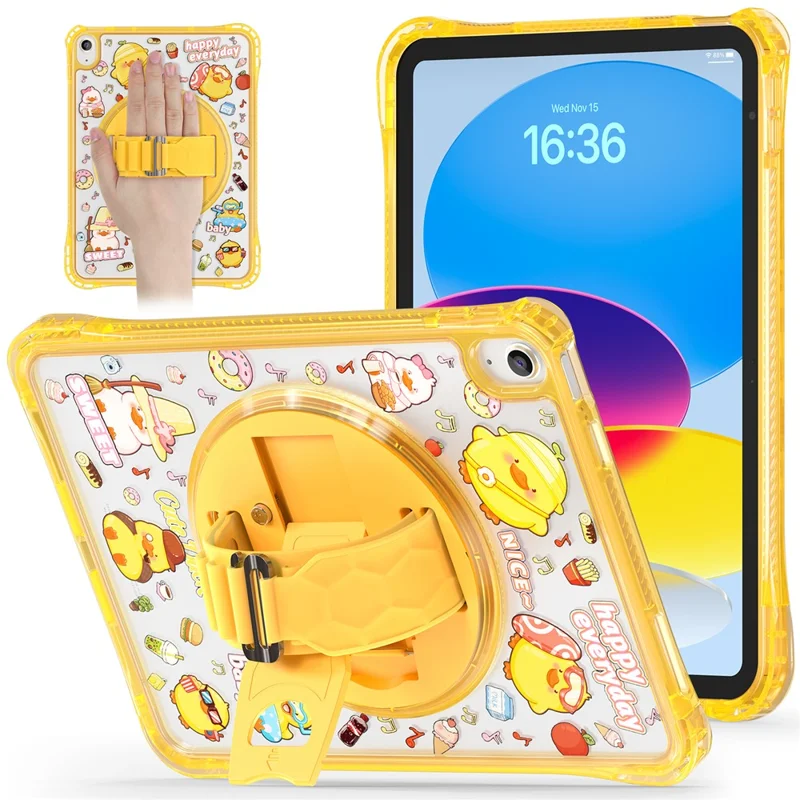 For iPad (2025)  /  10.9 (2022) Case Kickstand Hand Strap Imprint PC + TPU + Acrylic Tablet Cover - Yellow