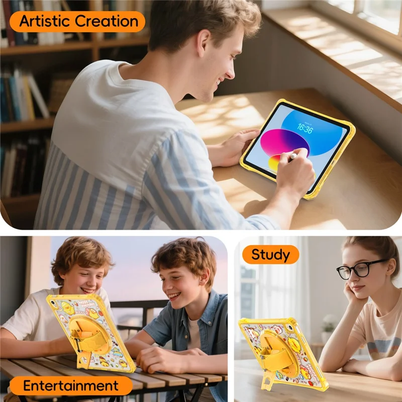 For iPad (2025)  /  10.9 (2022) Case Kickstand Hand Strap Imprint PC + TPU + Acrylic Tablet Cover - Yellow