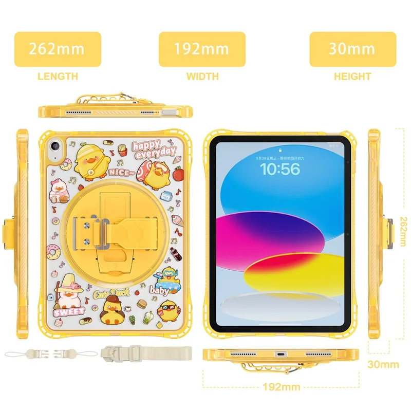For iPad (2025)  /  10.9 (2022) Case Kickstand Hand Strap Imprint PC + TPU + Acrylic Tablet Cover - Yellow