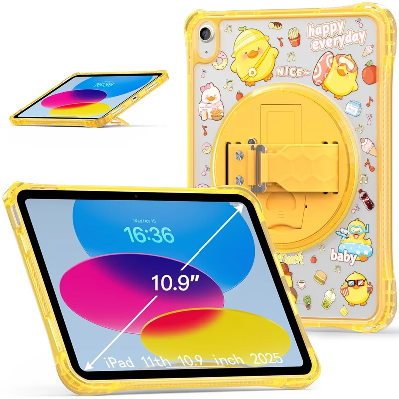 For iPad (2025)  /  10.9 (2022) Case Kickstand Hand Strap Imprint PC + TPU + Acrylic Tablet Cover - Yellow