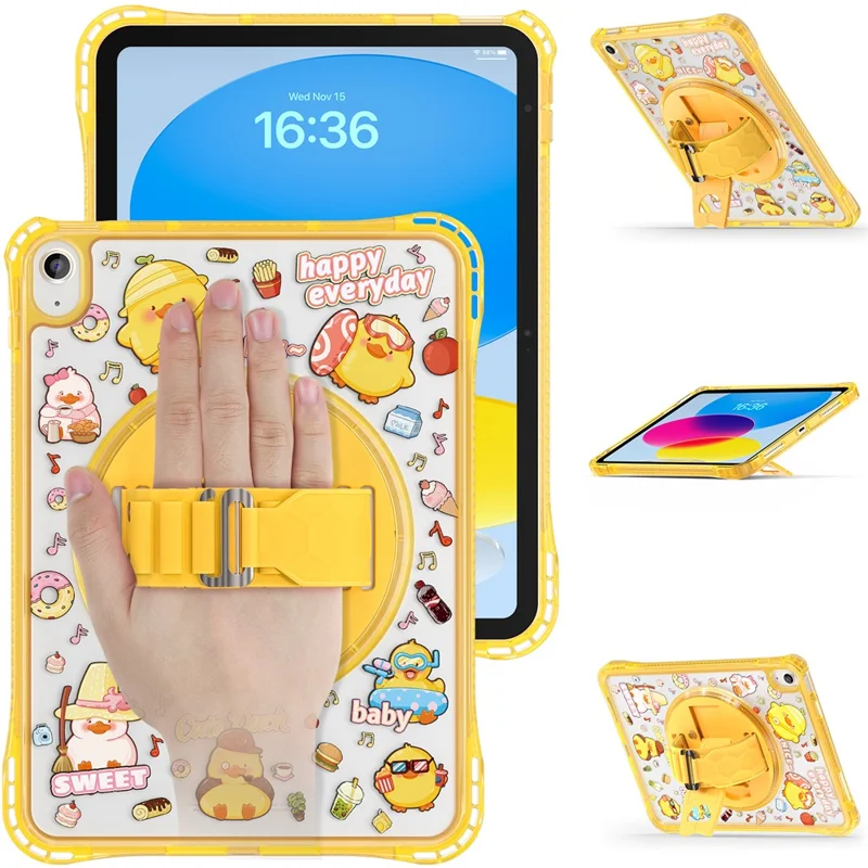 For iPad (2025)  /  10.9 (2022) Case Kickstand Hand Strap Imprint PC + TPU + Acrylic Tablet Cover - Yellow
