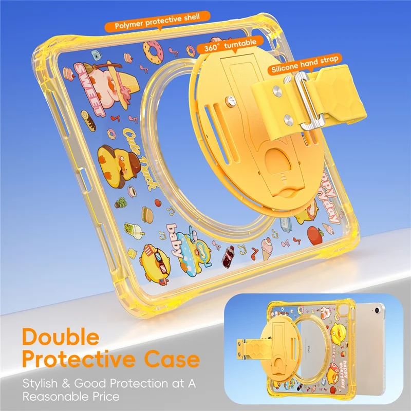 For iPad (2025)  /  10.9 (2022) Case Kickstand Hand Strap Imprint PC + TPU + Acrylic Tablet Cover - Yellow