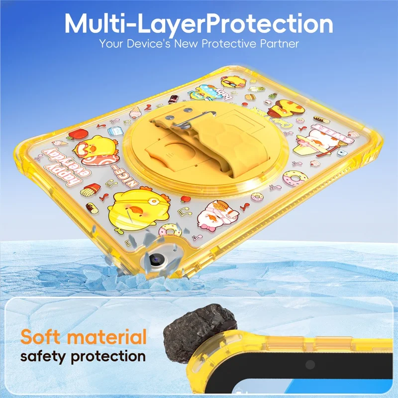 For iPad (2025)  /  10.9 (2022) Case Kickstand Hand Strap Imprint PC + TPU + Acrylic Tablet Cover - Yellow