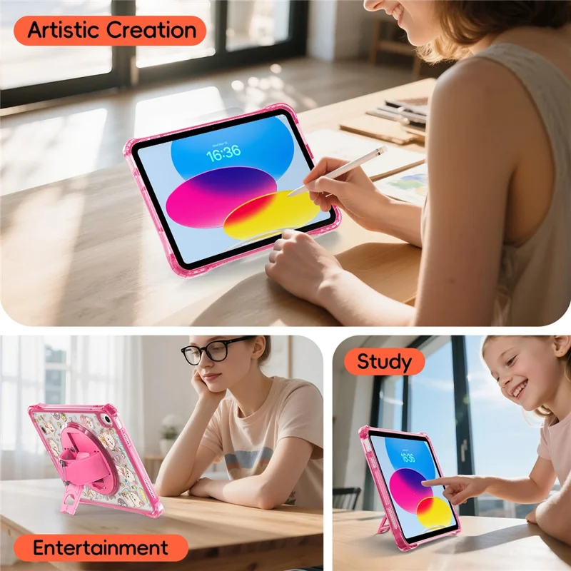 For iPad (2025)  /  10.9 (2022) Case Kickstand Hand Strap Imprint PC + TPU + Acrylic Tablet Cover - Pink