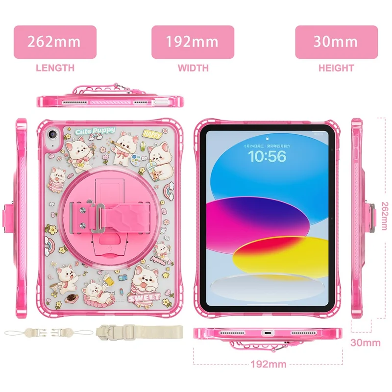 For iPad (2025)  /  10.9 (2022) Case Kickstand Hand Strap Imprint PC + TPU + Acrylic Tablet Cover - Pink