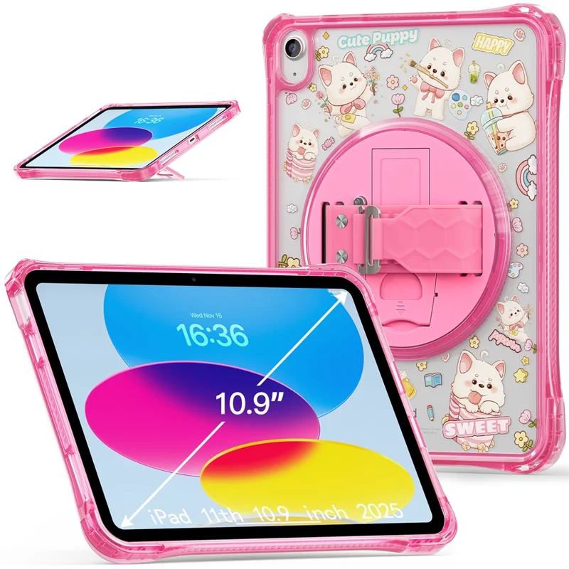 For iPad (2025)  /  10.9 (2022) Case Kickstand Hand Strap Imprint PC + TPU + Acrylic Tablet Cover - Pink