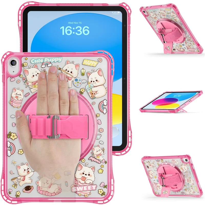 For iPad (2025)  /  10.9 (2022) Case Kickstand Hand Strap Imprint PC + TPU + Acrylic Tablet Cover - Pink