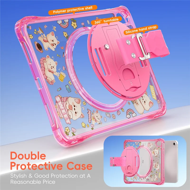 For iPad (2025)  /  10.9 (2022) Case Kickstand Hand Strap Imprint PC + TPU + Acrylic Tablet Cover - Pink