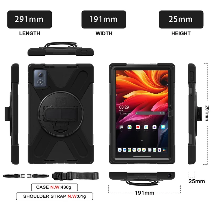Für Lenovo Tab K11 Plus / Zhaoyang K11 B352FU, TB230XC Schutzhülle mit TPU PC Silikon und Tragegurt - Schwarz