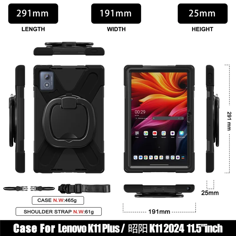 Para Lenovo Tab K11 Plus / Zhaoyang K11 B352FU, Capa com Alça de Ombro TPU + PC + Silicone com Suporte de Apoio para Tablet - Preto