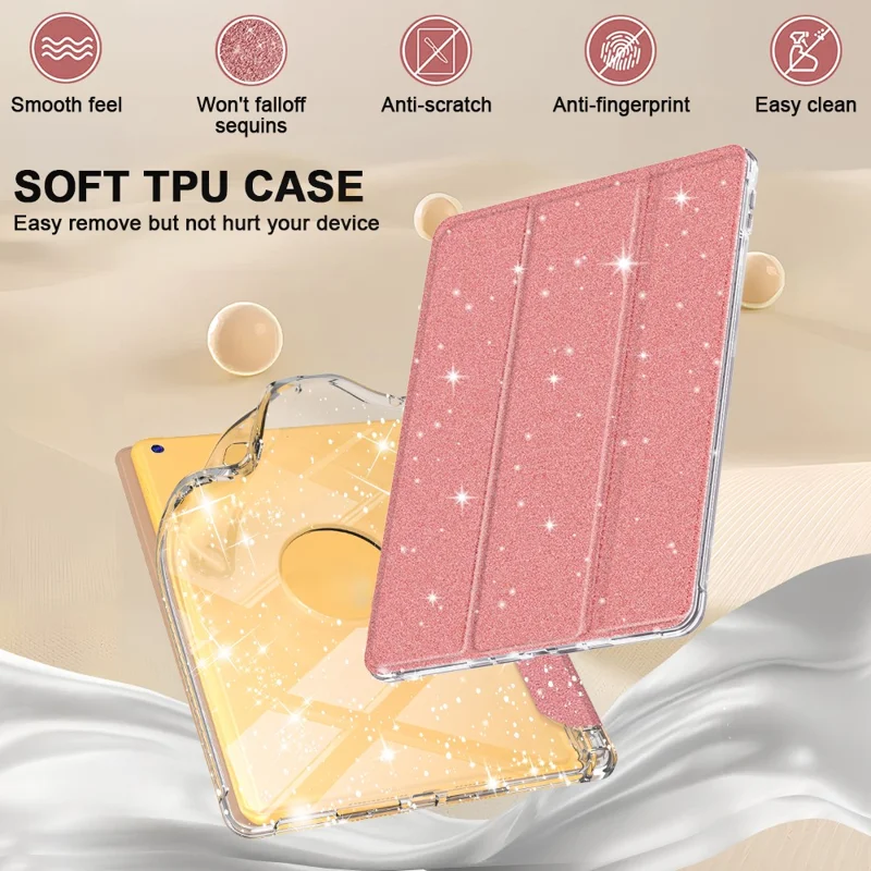 Étui pour iPad 10,2 (2021) / (2019) / (2020) avec Emplacement pour Stylet Support Pliant Trois Volets Housse de Protection Brillante pour Tablette - Or Rose