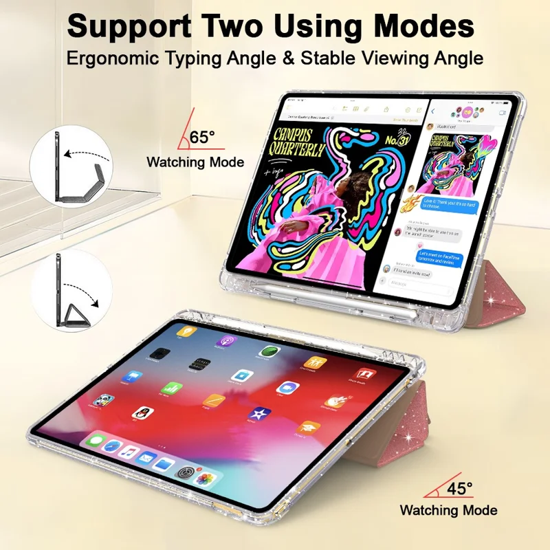 Étui pour iPad 10,2 (2021) / (2019) / (2020) avec Emplacement pour Stylet Support Pliant Trois Volets Housse de Protection Brillante pour Tablette - Or Rose