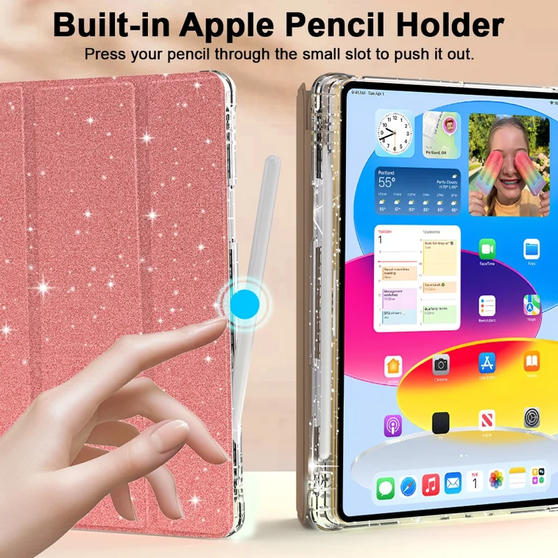 Étui pour iPad 10,2 (2021) / (2019) / (2020) avec Emplacement pour Stylet Support Pliant Trois Volets Housse de Protection Brillante pour Tablette - Or Rose