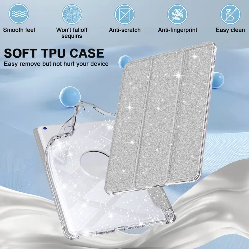 For iPad 10.2 (2021) / (2019) / (2020) Case with Pencil Slot Tri-Fold Stand Glitter Protective Tablet Cover - Silver