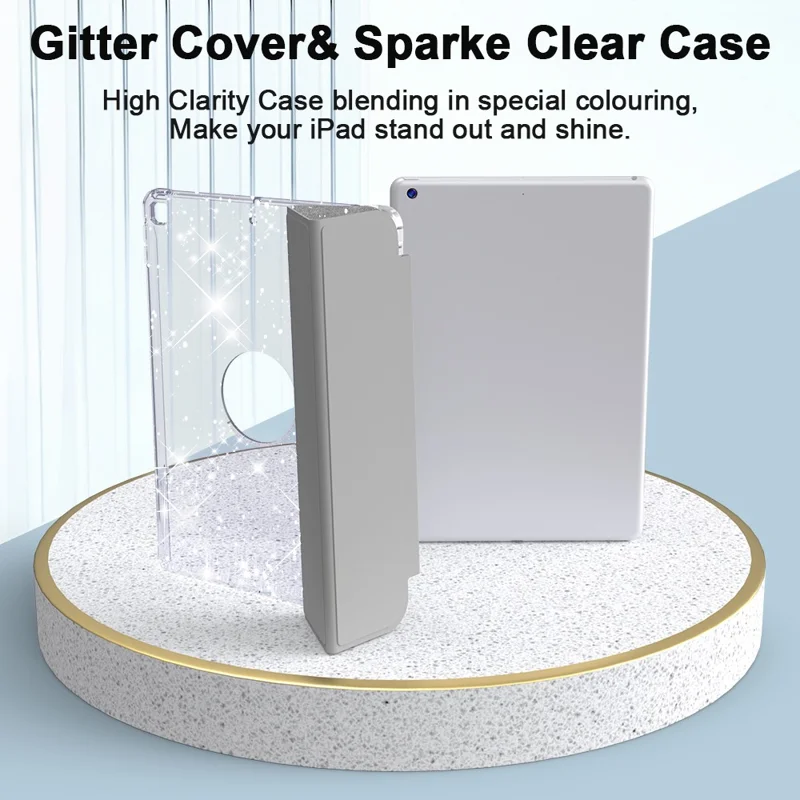 For iPad 10.2 (2021) / (2019) / (2020) Case with Pencil Slot Tri-Fold Stand Glitter Protective Tablet Cover - Silver