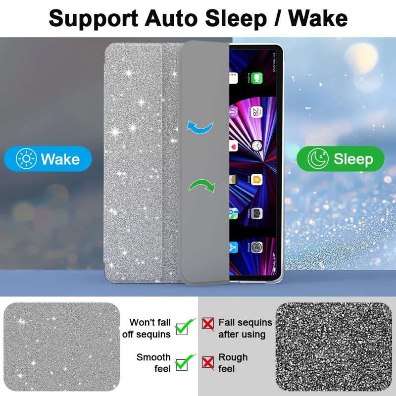 For iPad 10.2 (2021) / (2019) / (2020) Case with Pencil Slot Tri-Fold Stand Glitter Protective Tablet Cover - Silver