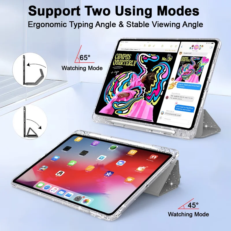 For iPad 10.2 (2021) / (2019) / (2020) Case with Pencil Slot Tri-Fold Stand Glitter Protective Tablet Cover - Silver