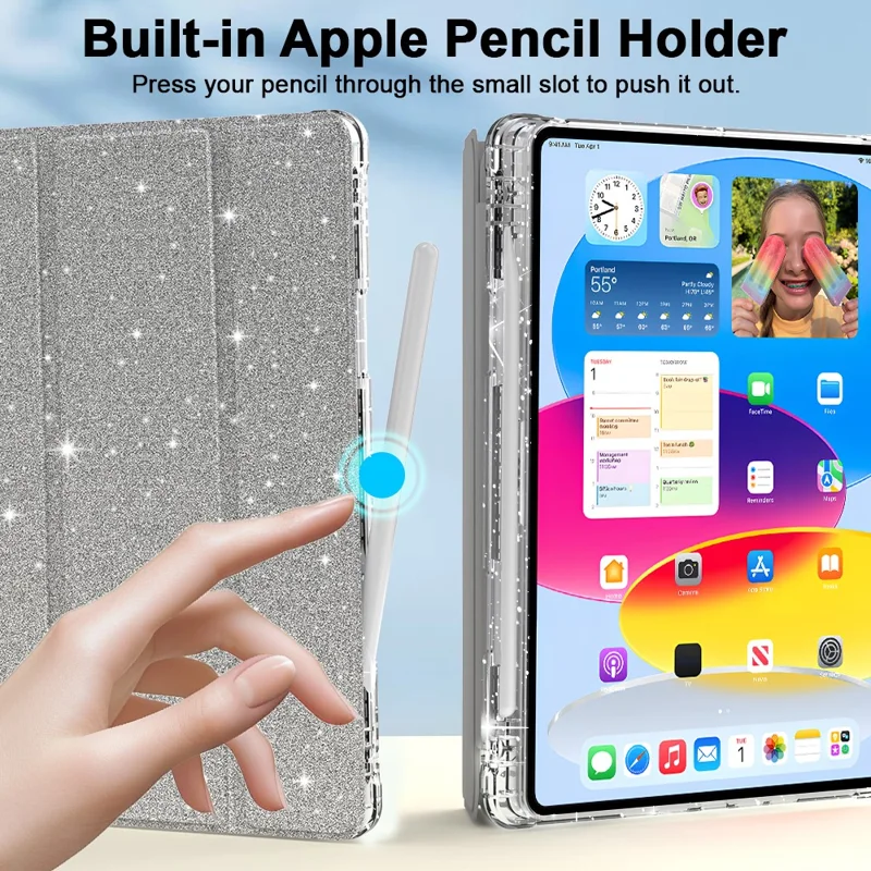 For iPad 10.2 (2021) / (2019) / (2020) Case with Pencil Slot Tri-Fold Stand Glitter Protective Tablet Cover - Silver