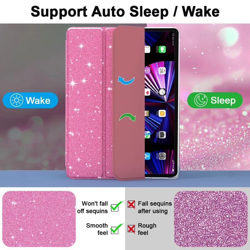 For iPad 10.2 (2021) / (2019) / (2020) Case with Pencil Slot Tri-Fold Stand Glitter Protective Tablet Cover - Pink