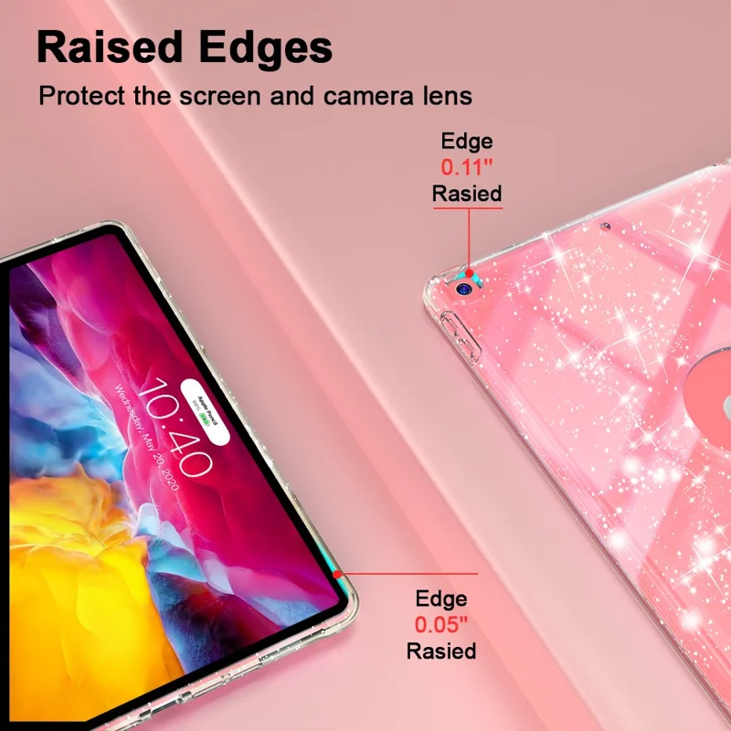 For iPad 10.2 (2021) / (2019) / (2020) Case with Pencil Slot Tri-Fold Stand Glitter Protective Tablet Cover - Pink
