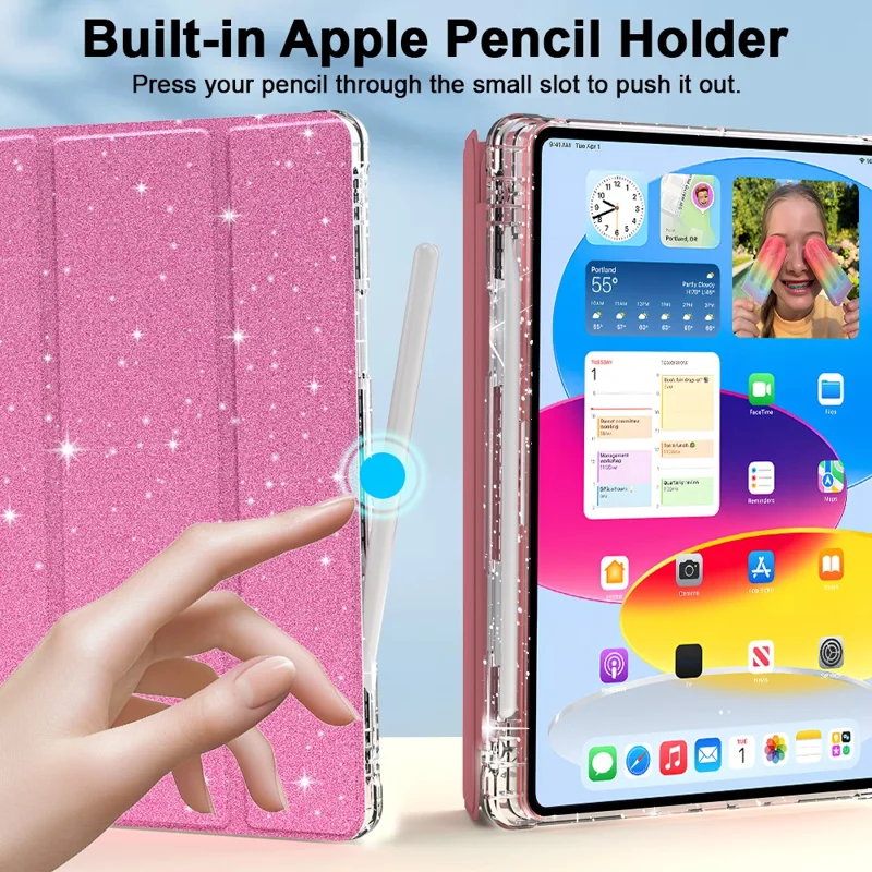 For iPad 10.2 (2021) / (2019) / (2020) Case with Pencil Slot Tri-Fold Stand Glitter Protective Tablet Cover - Pink