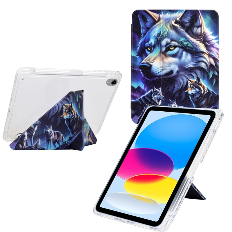 Per iPad mini (2024) / (2021) Custodia Y-Fold Stand Pattern Print in Pelle + Copertura Tablet in Acrilico Trasparente con Porta-Matita - Lupo Fantasma