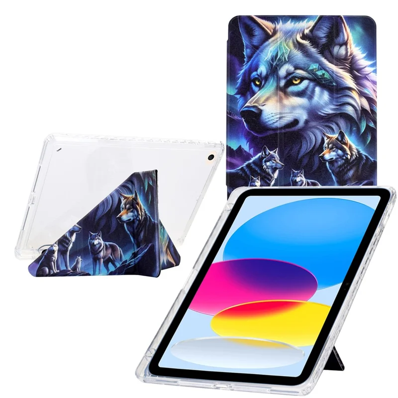 Custodia per Tablet iPad 9,7 pollici (2018) / (2017) / Air 2 / Air (2013), Cover in Pelle con Supporto Pieghevole a Y e Stampa a Motivi + Retro in Acrilico Trasparente - Lupo Fantasma
