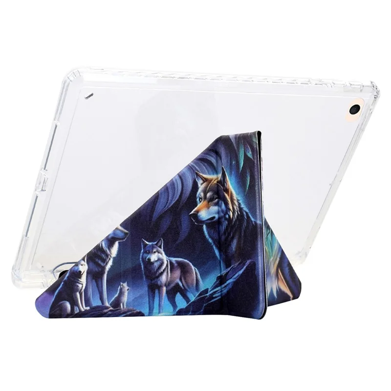 Custodia per Tablet iPad 9,7 pollici (2018) / (2017) / Air 2 / Air (2013), Cover in Pelle con Supporto Pieghevole a Y e Stampa a Motivi + Retro in Acrilico Trasparente - Lupo Fantasma